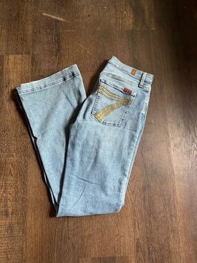 7 For All Mankind Light Blue Bootcut Jeans with Gold Stitching